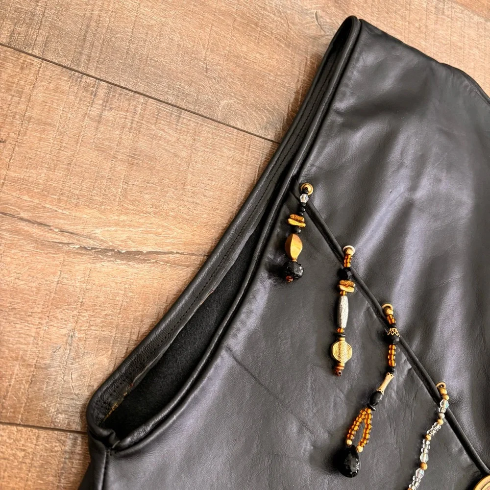 Hand Crafted Leather Vest Women's Open Front Cropped Black with Beads